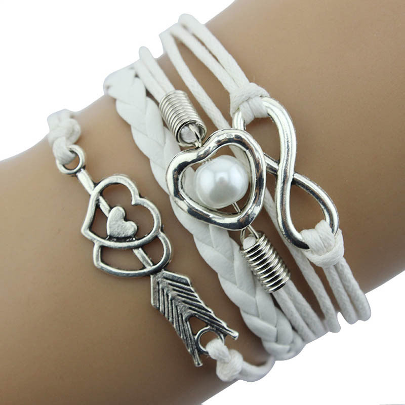 Infinity Heart Pearl Friendship Leather Charm Bracelet