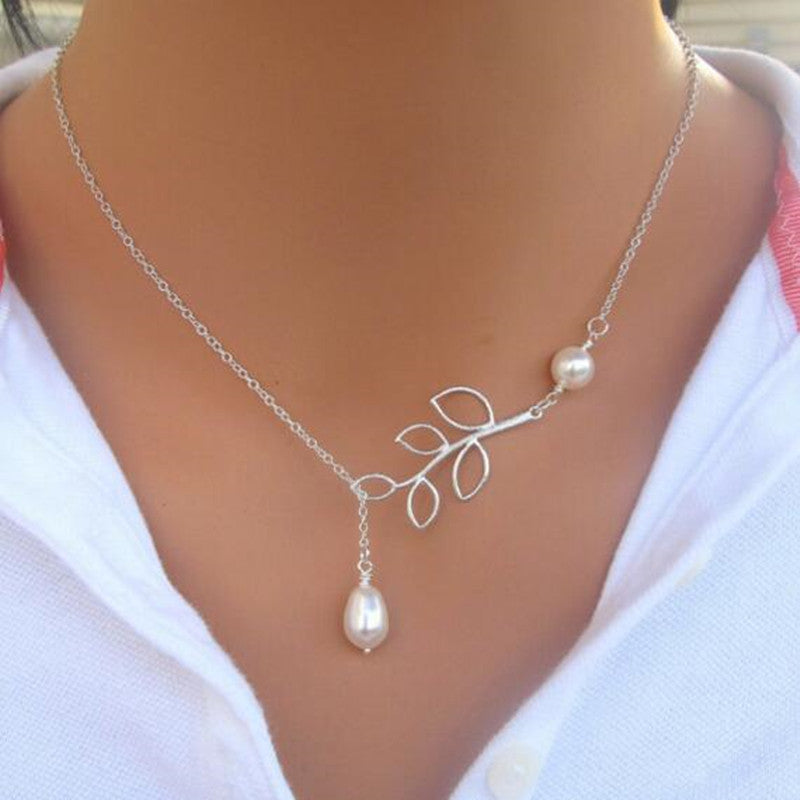 Silver Plated Leaves and Imitation Pearl Chain
