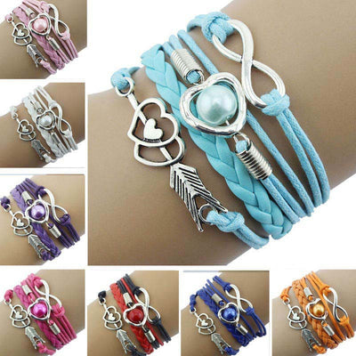 Infinity Heart Pearl Friendship Leather Charm Bracelet