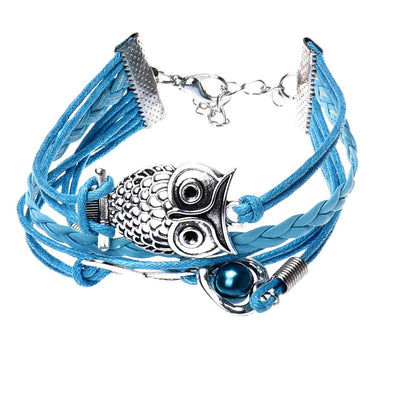 Owl Pearl Heart Handmade Leather Braid Fashion Bracelet
