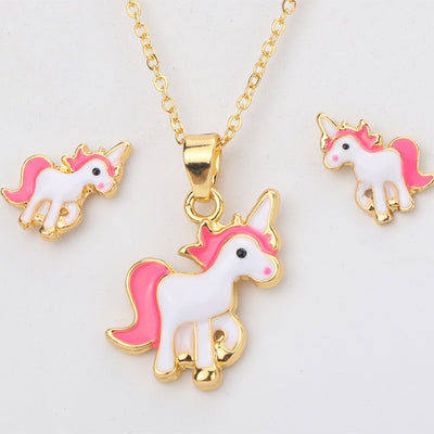 Pink Unicorn Necklace & Earring Jewellry Set