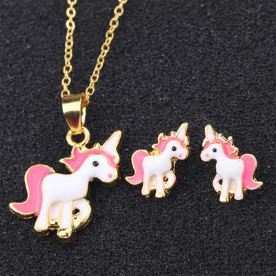 Pink Unicorn Necklace & Earring Jewellry Set